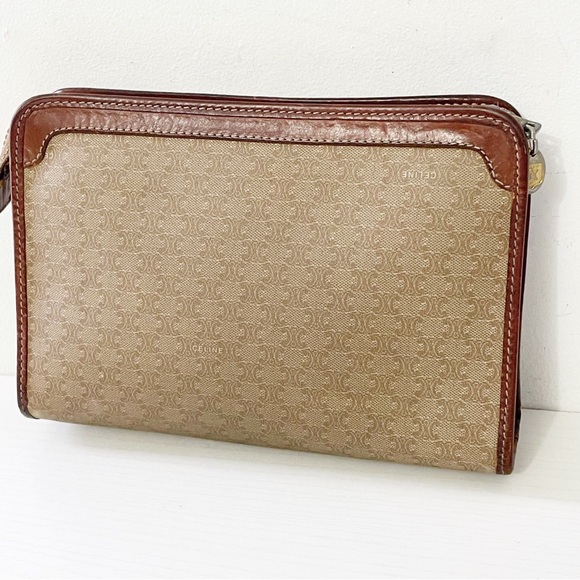 Celine beige macadam canvas and leather small clutch zip pouch bag - Picture 2 of 12